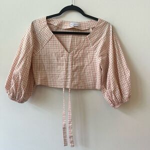 Chriselle x J.O.A Women's Pink Gingham Balloon Sleeve V-Neck Crop Top Size XS
